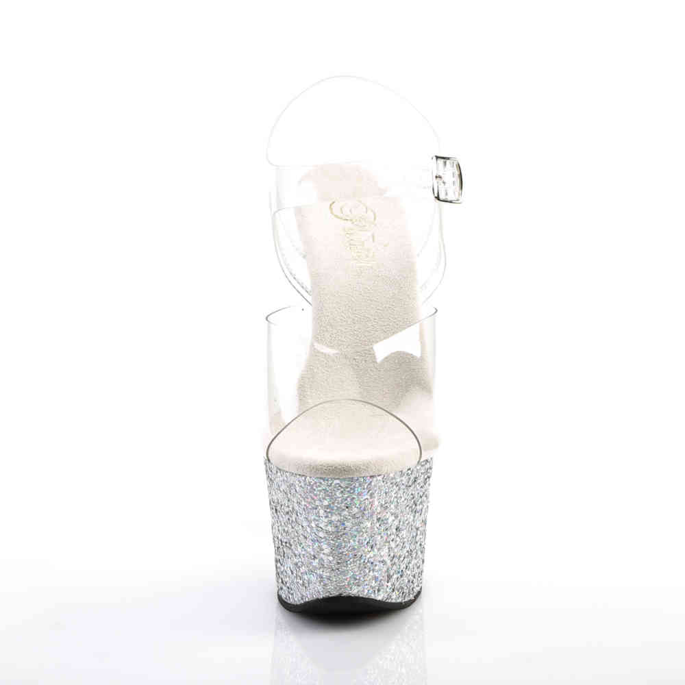 Pleaser - SKY-308LG Knöchelriemen-Sandale, Poledance Schuhe - Pole dance schuhe - Silberfarben/Transparent